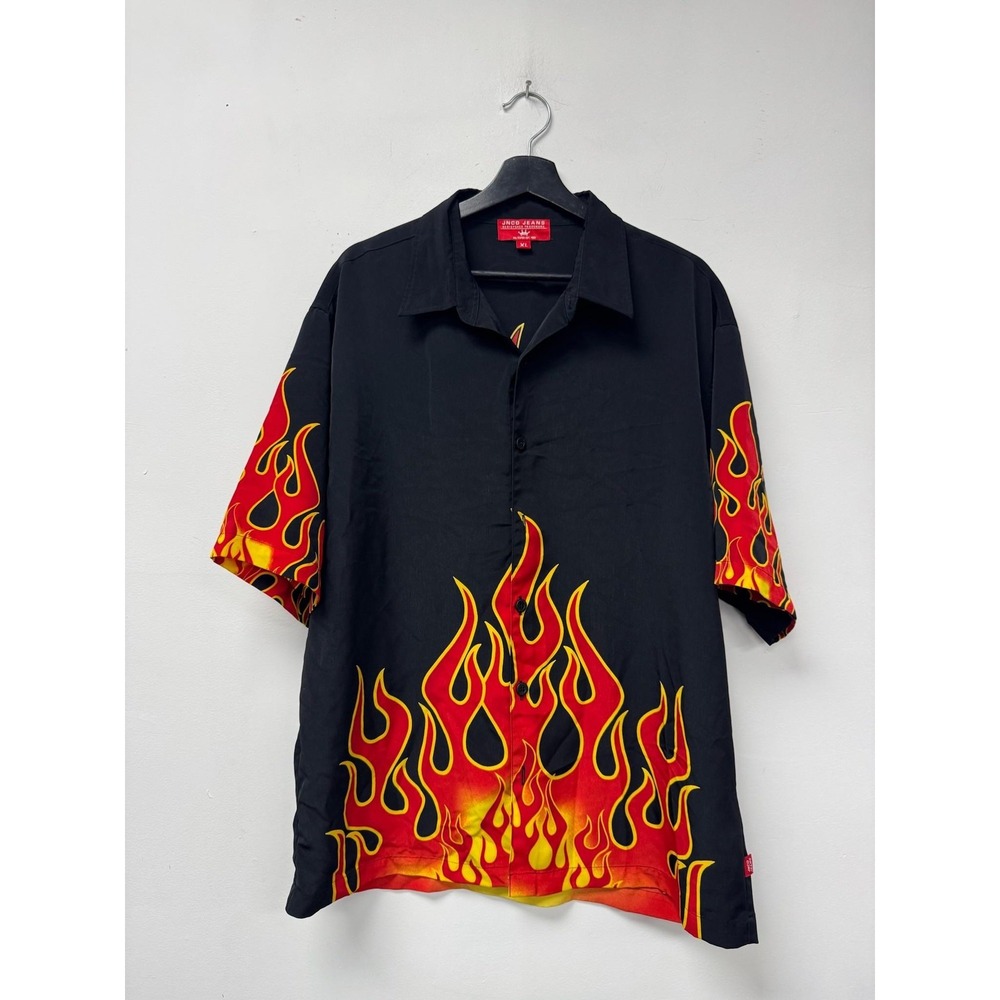 JNCO Jeans Shirt Mens XL Black Flame‎ Short Sleeve Button Front Streetwear Retro